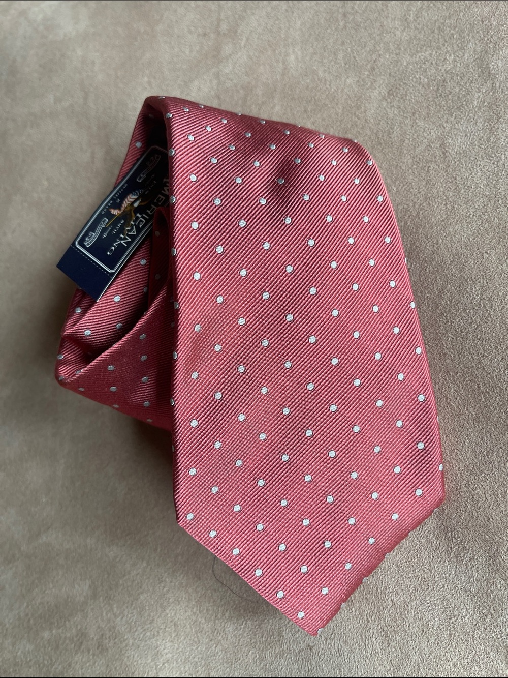 Men's NEW 100% silk PolkaDot Tie Coral Pink American Living Necktie Polka-dotted